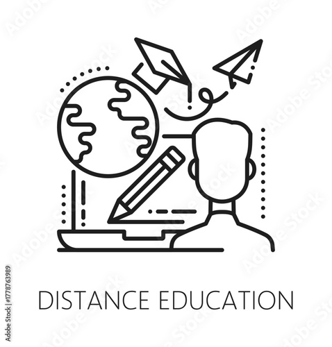 Distance online education line icon or label. E-learning thin line sign, distance education vector symbol. Online classes or course outline icon with laptop, Earth globe, pencil and paper plane