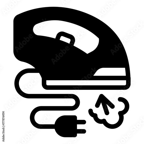 Electric iron with cord and fork solid icon, housework concept. Vector graphics. Iron with steam, household appliance sign on white background, style icon mobile or web design.