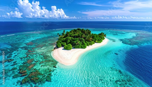 Fototapeta Naklejka Na Ścianę i Meble -  Tropical Island Paradise With Lush Green Trees On White Sand Beach Surrounded By Turquoise Ocean Water And Coral Reefs Under A Blue Sky With White Clouds