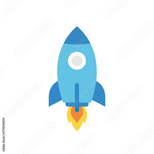 A flat vector illustration of a blue cartoon rocket ship launching upwards with flames from its thruster.