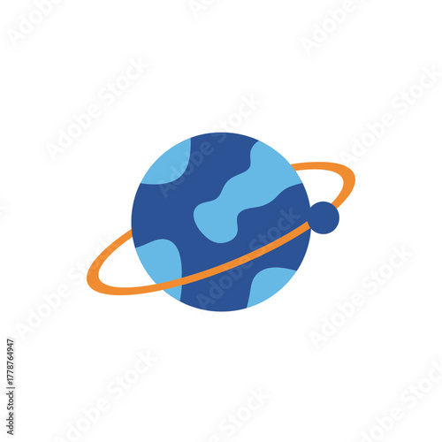 A stylized blue planet with an orange ring and a small moon, depicted as a simple icon.