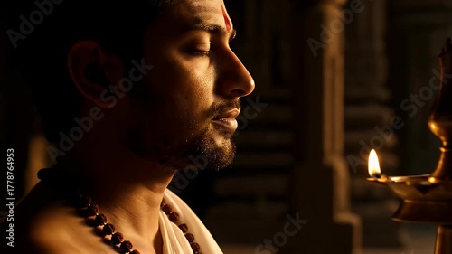 Man In Traditional Attire With Prayer Beads Near Lit Lamp Inside Temple