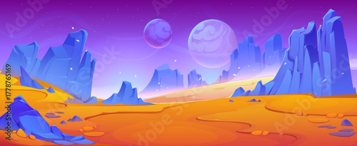 Space planet landscape with orange ground and blue mountains. Alien galaxy adventure game level vector background of cartoon fantasy universe planet surface landscape with sand desert, dunes and rocks