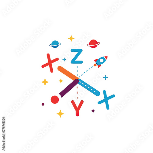 Colorful 3D coordinate system with X, Y, Z axes, planets, and a rocket in space.