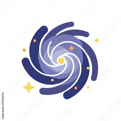 A stylized flat icon of a swirling blue and purple galaxy with a bright yellow center and sparkling stars.