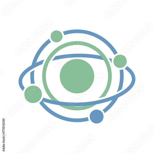 A stylized graphic of an atom with a central nucleus and electrons in elliptical orbits, representing science and technology.
