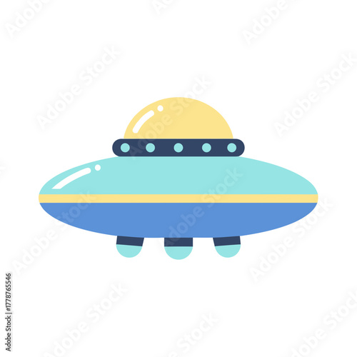 A cartoon illustration of a blue and yellow flying saucer with three landing legs.