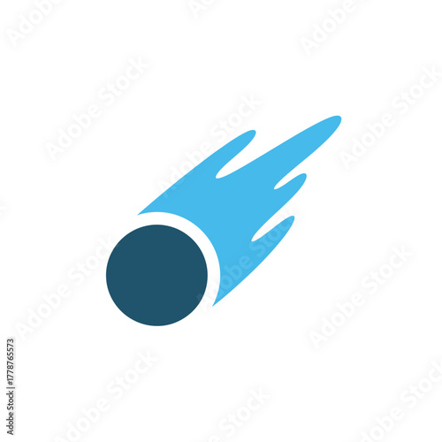 A stylized illustration featuring a celestial body, a comet, with a dark blue sphere and a light blue tail.