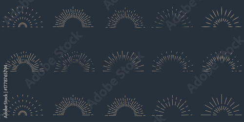 Golden sunburst frame collection. Retro gold radial sun light border set. Vintage sun beams or rays circle element pack for cadre, decor, label, badge, emblem. Vector yellow round boarder bundle
