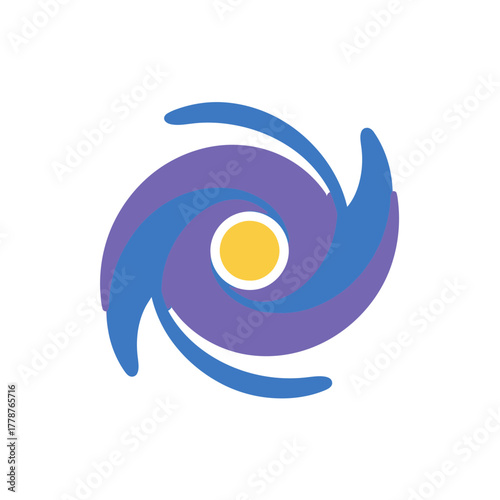 Abstract swirling vortex icon representing a hurricane or cyclone with a central yellow eye.