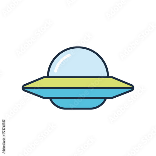 A stylized illustration of a classic flying saucer with a dome and a wide, flat body.