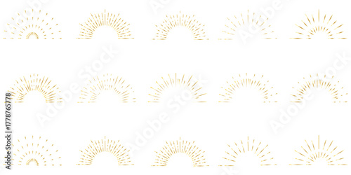 Golden sunburst frame collection. Retro gold radial sun light border set. Vintage sun beams or rays circle element pack for cadre, decor, label, badge, emblem. Vector yellow round boarder bundle