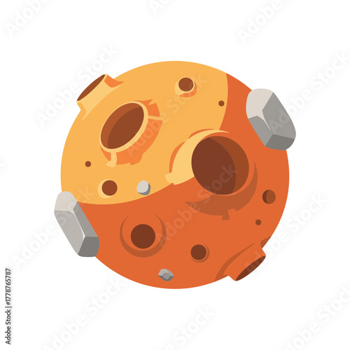 Cartoon illustration of a stylized orange and red planet or asteroid with craters and rocks, floating in space.