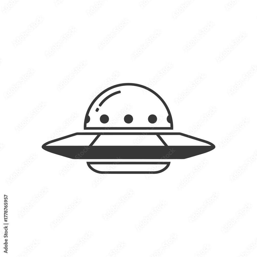 Fototapeta premium A simple black and white line art icon of a classic flying saucer or UFO, isolated on a plain background.