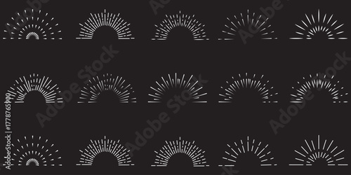 Golden sunburst frame collection. Retro gold radial sun light border set. Vintage sun beams or rays circle element pack for cadre, decor, label, badge, emblem. Vector yellow round boarder bundle