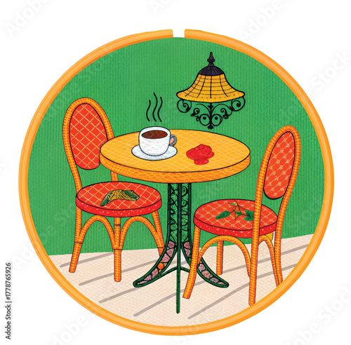 Charming cafe scene with steaming coffee, perfect for menu designs or restaurant promotions, evokes warmth and comfort with its cozy seating and floral accents