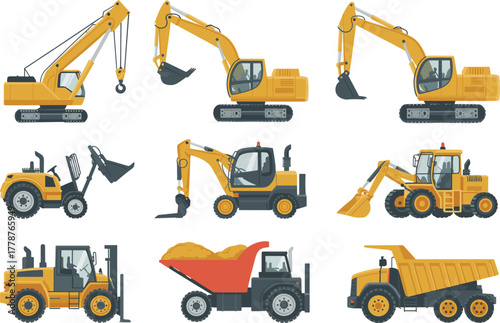Heavy Construction Equipment Vector Set - Excavator, Bulldozer, Dump Truck, and Loader Machinery - Building Site Illustration