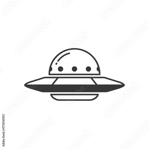 A simple black and white line art icon of a classic flying saucer or UFO, isolated on a plain background.
