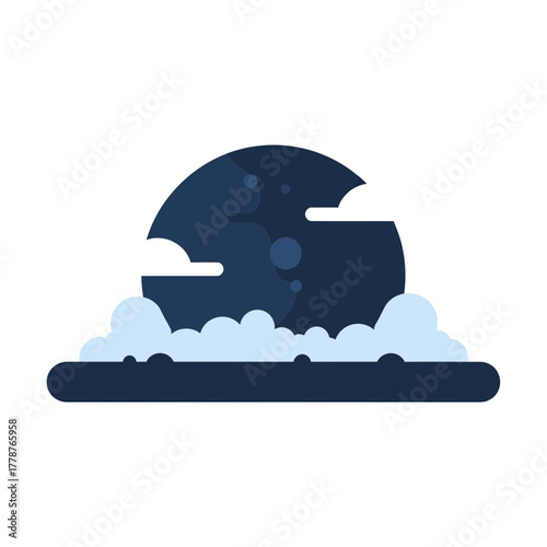 A dark blue moon partially obscured by soft, fluffy white clouds against a white background.