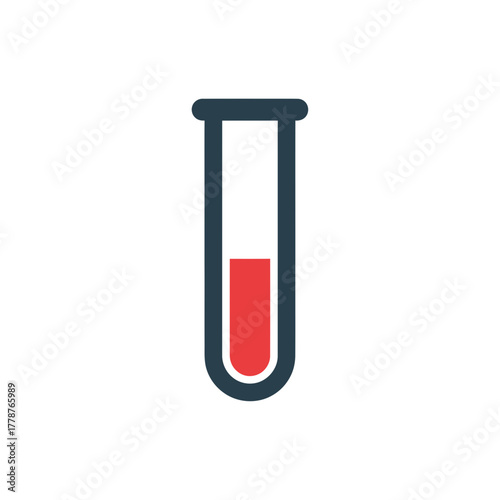 Minimalist icon of a laboratory test tube partially filled with red liquid on a white background.