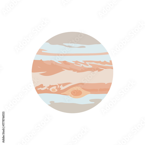 Illustration of Jupiter, showcasing its banded appearance with the Great Red Spot, a giant storm.