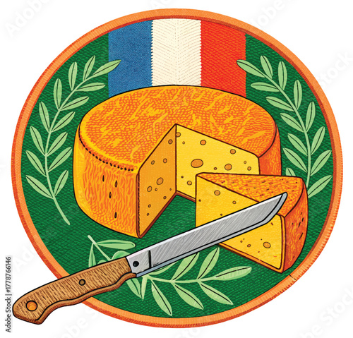 French cheese presentation with olive leaves and knife, inviting culinary experience, and gourmet delight showcasing a taste of France, appealing food indulgence