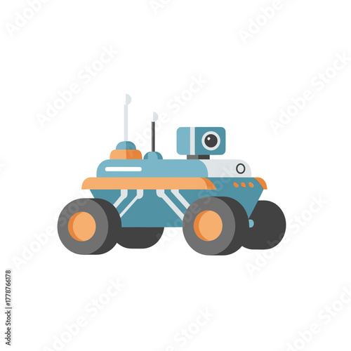 Illustration of a blue and orange robotic rover with a camera and antennas.