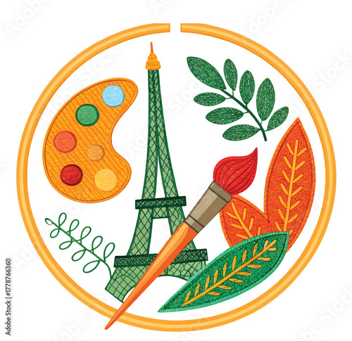 Embrace Parisian Artistry Eiffel Tower Palette and Brush Create Stunning Travel Art Designs for Posters and Creative Projects with Leaves and Circle