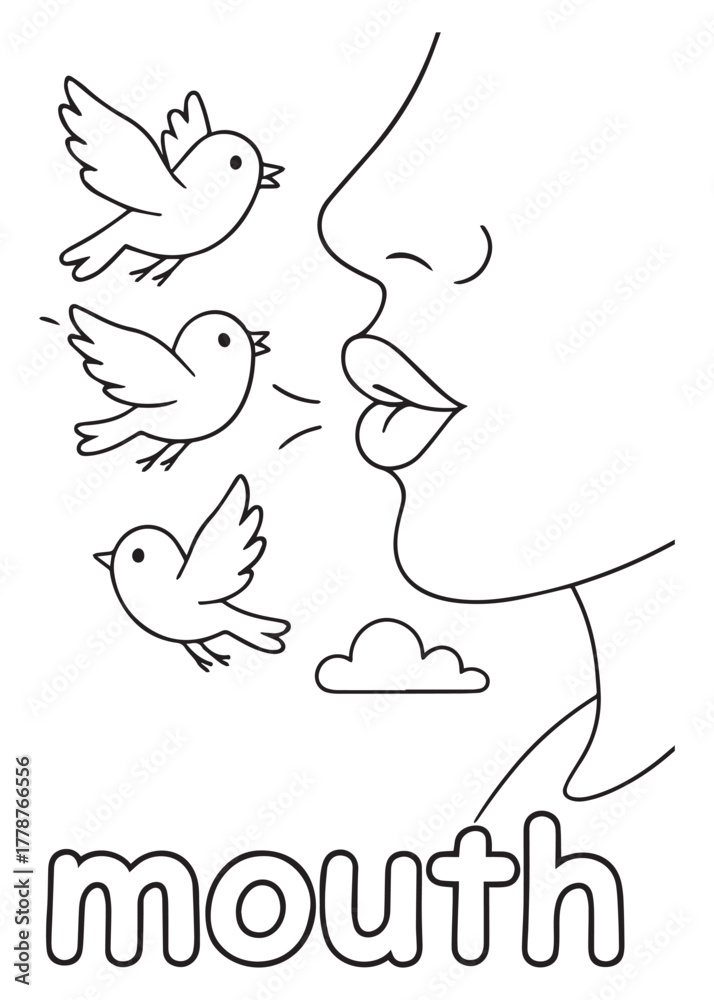 Fototapeta premium coloring book mouth blowing air with flying birds