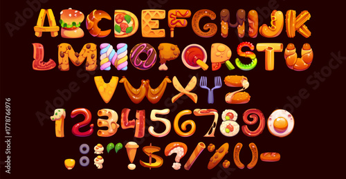 Cartoon fast food font, fastfood typeface, takeaway type, appetizing kids english alphabet set. Vector burger, pizza and sandwich snacks letters and numbers typography. Fast food restaurant menu font