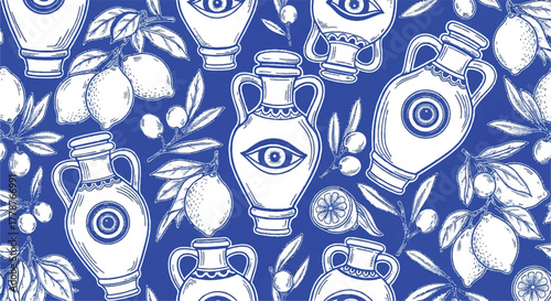Mediterranean Blue Seamless Pattern with Evil Eye Amphorae and Lemons