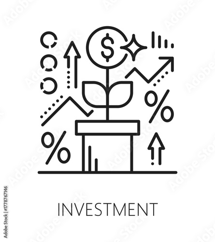 Investment life skills line icon or pictogram. Personality life skills linear vector symbol, human quality outline pictogram. People investment ability icon with money flower growing in flowerpot