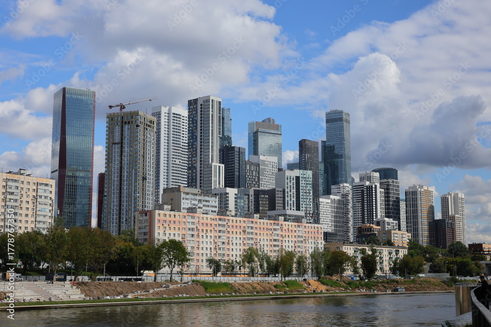 Fototapeta premium Beautiful Moscow city skyscrapers view from the river bank