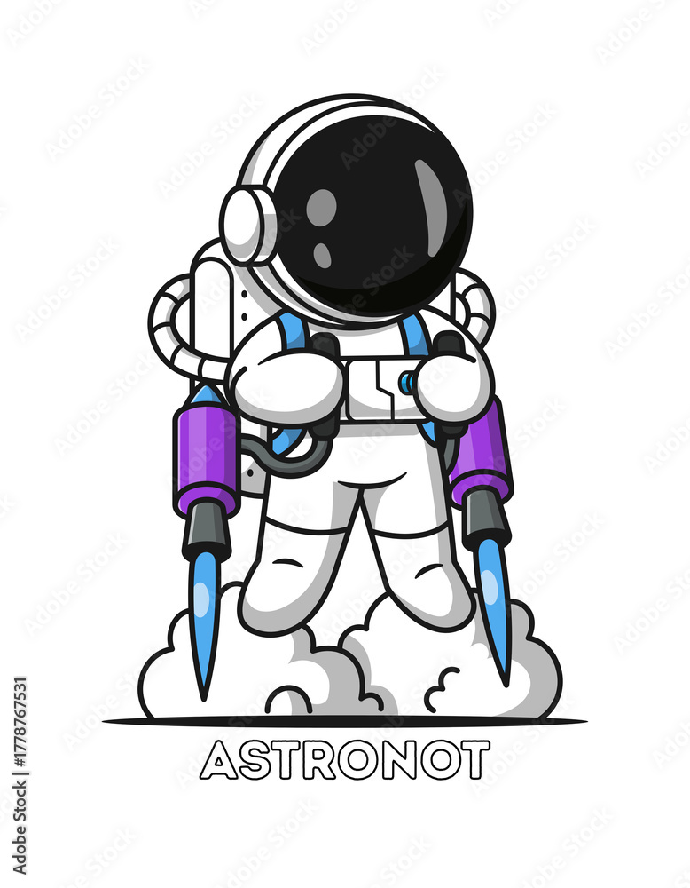 Obraz premium A cartoon astronaut in a white spacesuit with purple and blue oxygen tanks and a black helmet standing on a cloud with a playful and adventurous mood.