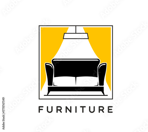 Room interior furniture icon or emblem. Home interior brand vector symbol, house living room decor store sign. Apartment furniture shop emblem with black sofa, ceiling hanging lamp and yellow curtains