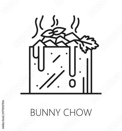 South Africa bunny chow, African travel line icon or pictogram. African country adventure tour linear sign, South Africa vacation journey or travel vector symbol or icon with bunny chow fast food meal