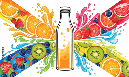 Vibrant Fruit Juice Splash Vector: Healthy Beverage Bottle with Citrus, Berries, and Tropical Fruits