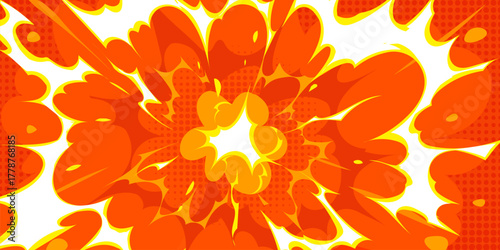 Cartoon manga anime fire battle effect vector background. Game battle or manga comic explosion with yellow fire burst and white smoke splash on retro pop art background with orange halftone pattern
