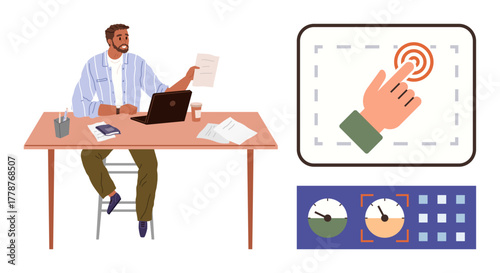Man engaged in work at desk with laptop and papers, touch interaction on digital panel, and adjustment controls. Ideal for productivity, technology, decision-making, innovation, workflow, business