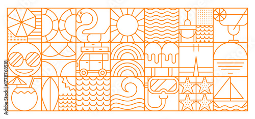 Summer travel geometric abstract pattern with sea and beach vacations, vector background. Summer travel pattern of geometric line mosaic sun and car with ocean boat or scuba diving mask and starfish