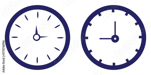 Vector illustration of twelve analog wall clocks in black outline, each showing a different hourly time from one to twelve. Analog clock icon set. 12 hourly time variations, black outline
