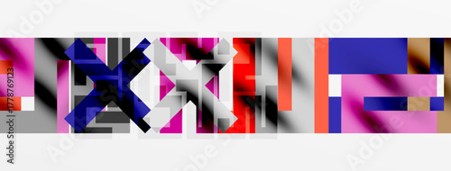 Abstract composition. Rectangles overlap, creating complex visual texture. Colors include pink, blue, gray, orange. Minimalist design.