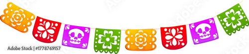Day of the Dead holiday, Dia De Los Muertos papel picado garland. Mexican holiday, Dia de Los Muertos vector paper decoration. Day of Dead papel picado colorful cutout flags with flowers and skulls