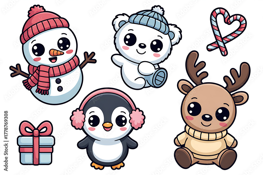 Obraz premium Set of cartoon animals including a penguin, a reindeer, a snowman. Graphic, photo, vector, images, illustration, art, design, clipart, abstract, digital, tshirt, pattern, mockup, stock