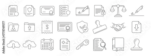 Set of outline icons representing documents, certificates, and files. Includes line symbols of paper sheets, official certificates, folders, reports, and documents with check marks or seals. Perfect f