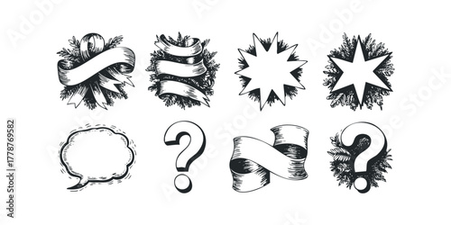 Collection of Sketchy Ribbons Stars Speech Bubble and Question Marks