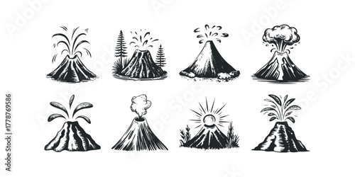 Collection of hand drawn volcano eruption icons