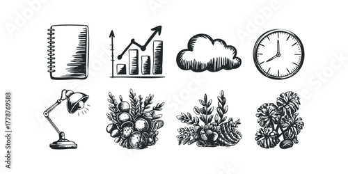 Sketchy icons for business planning and nature inspiration