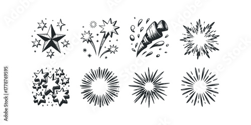 Hand Drawn Stars Bursting Fireworks and Swirls Graphics