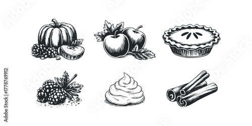 Sketch elements of pumpkin, apples, pie, berries, cream, and cinnamon